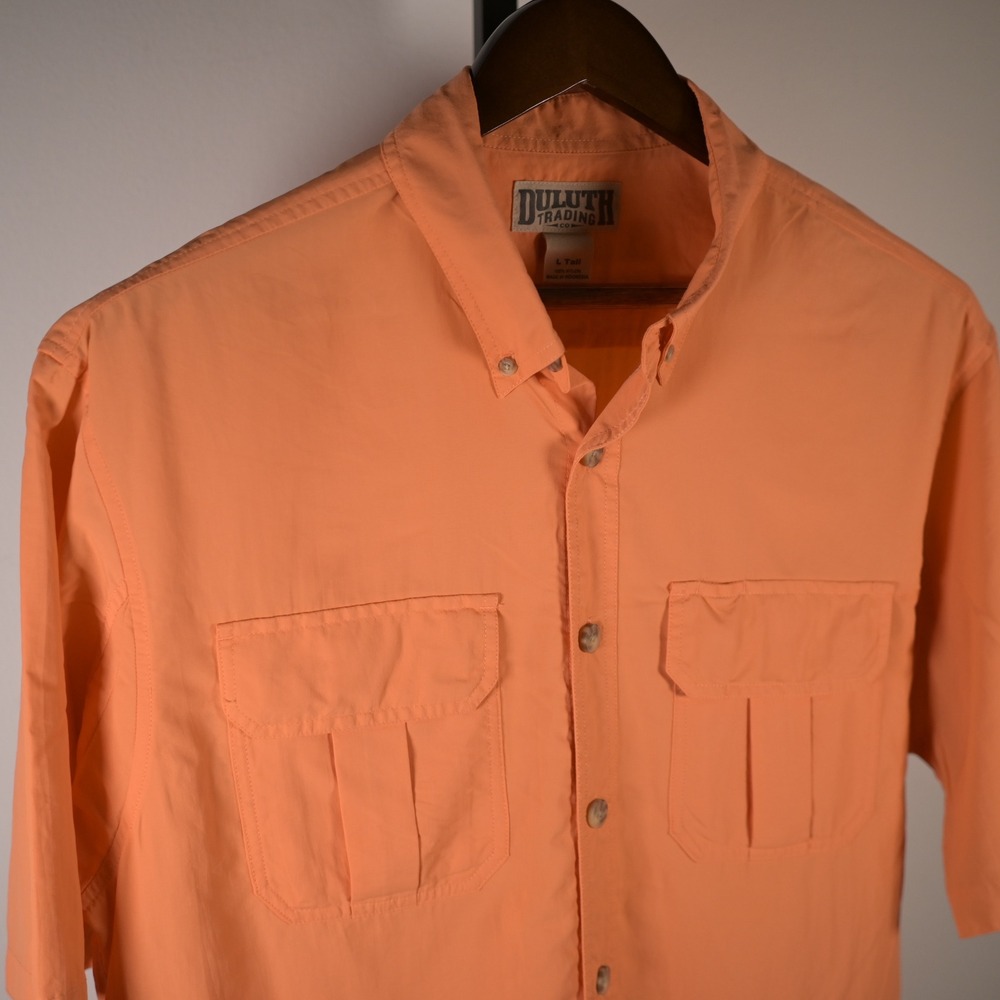 Duluth Trading Co Mens Orange Nylon Short Sleeve Button Down Shirt L Tall